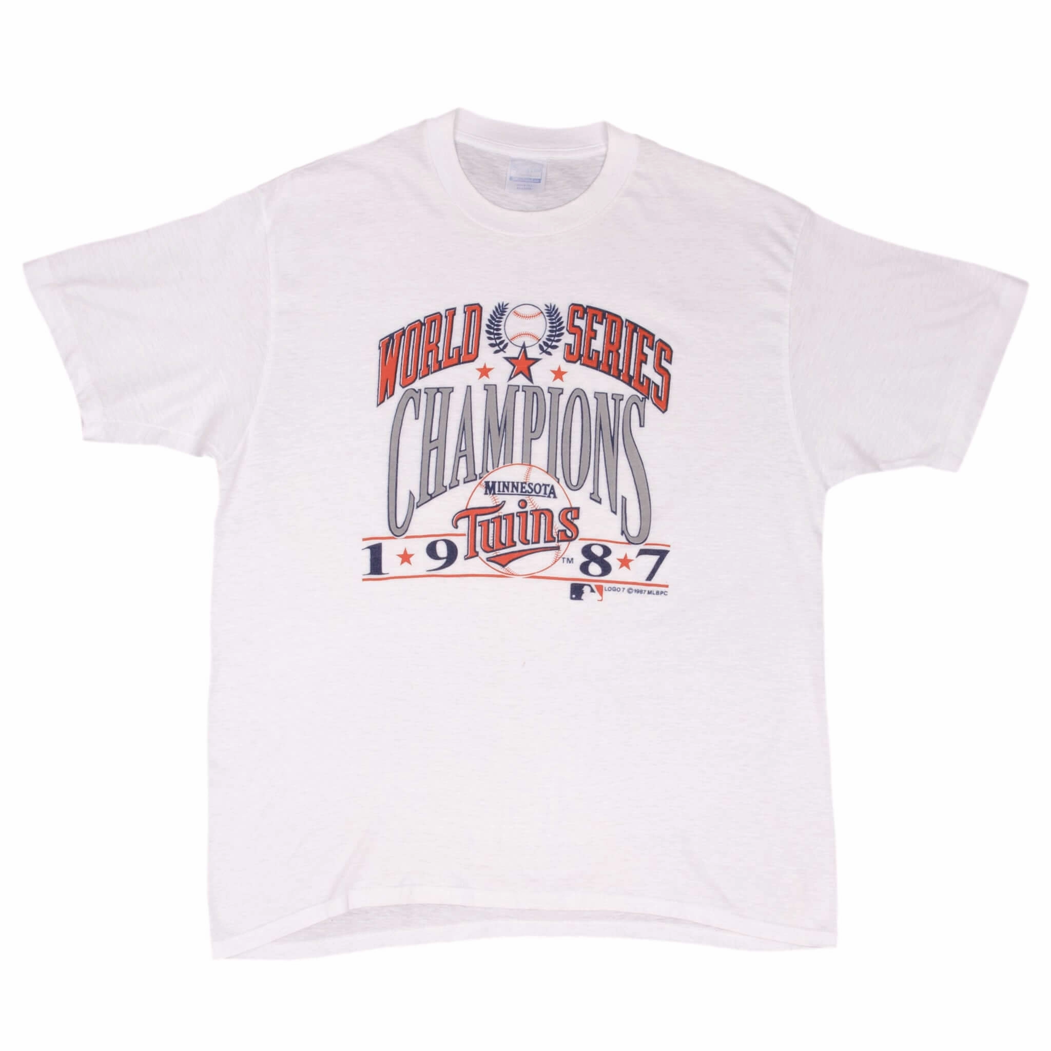 VINTAGE MLB MINNESOTA TWINS WORLD CHAMPIONS 1987 TEE SHIRT SZE LARGE MADE IN USA