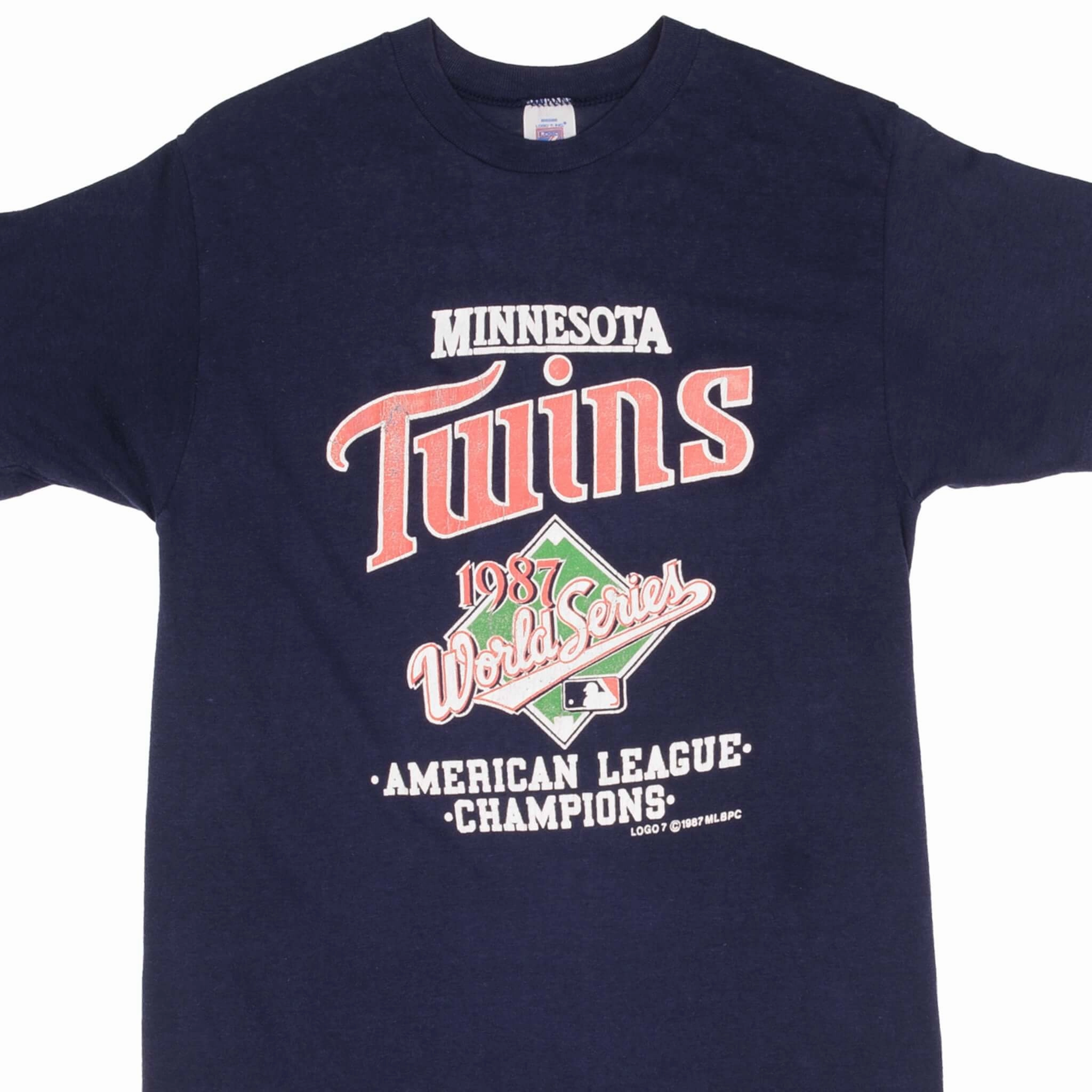 VINTAGE MLB MINNESOTA TWINS WORLD CHAMPIONS 1987 TEE SHIRT SZE SMALL MADE IN USA