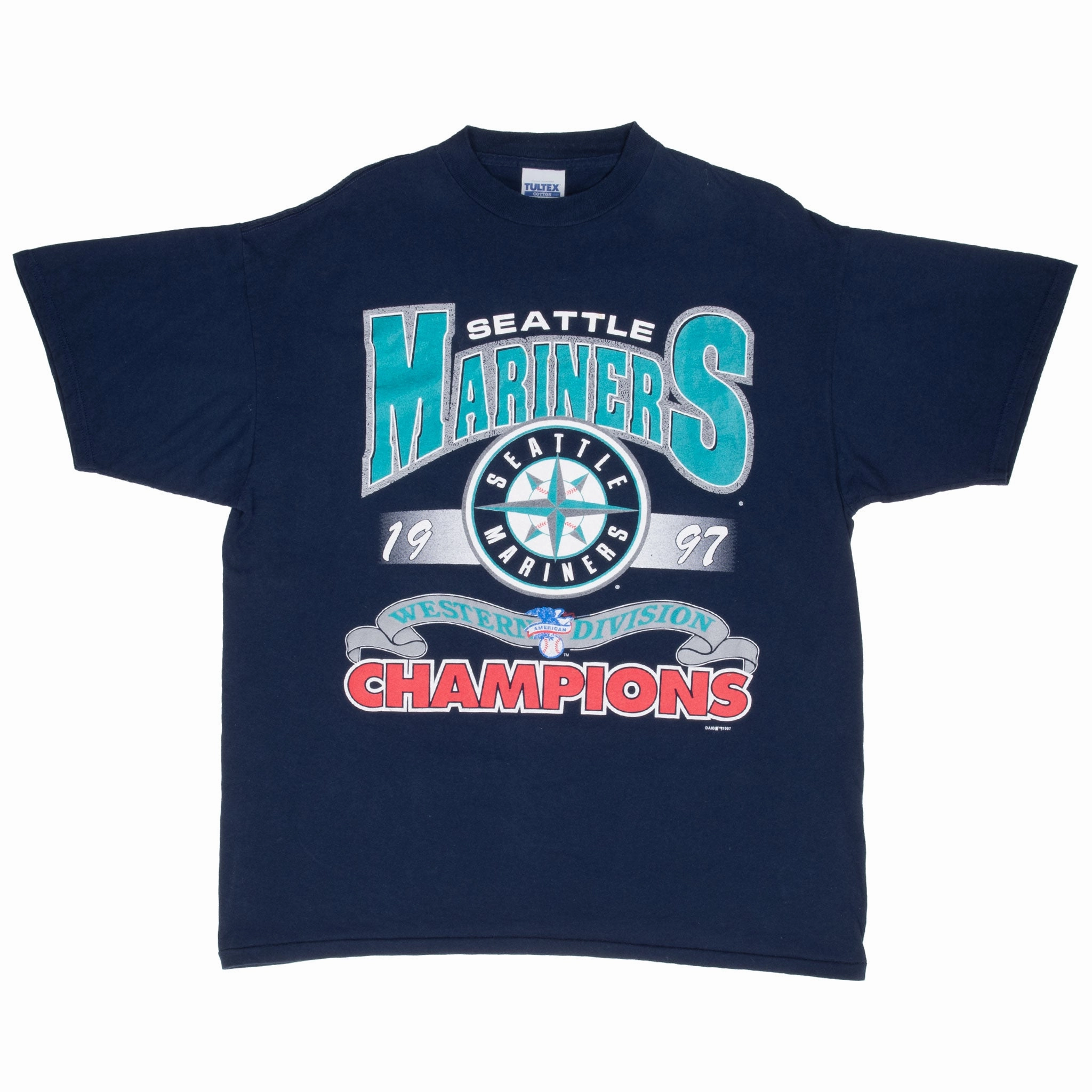 VINTAGE MLB SEATTLE MARINERS WESTERN CHAMPIONS BLUE 1997 TEE SHIRT XL