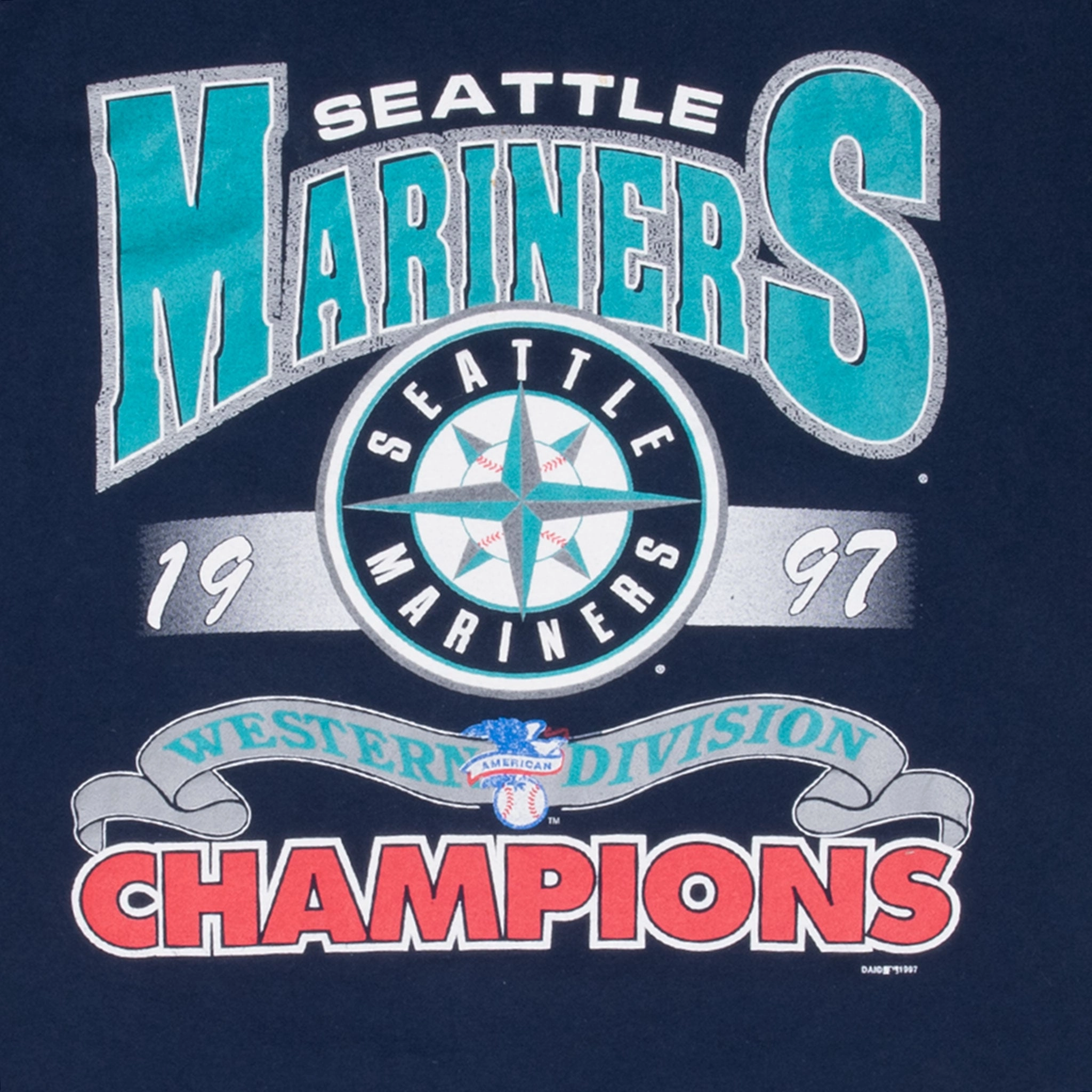 VINTAGE MLB SEATTLE MARINERS WESTERN CHAMPIONS BLUE 1997 TEE SHIRT XL