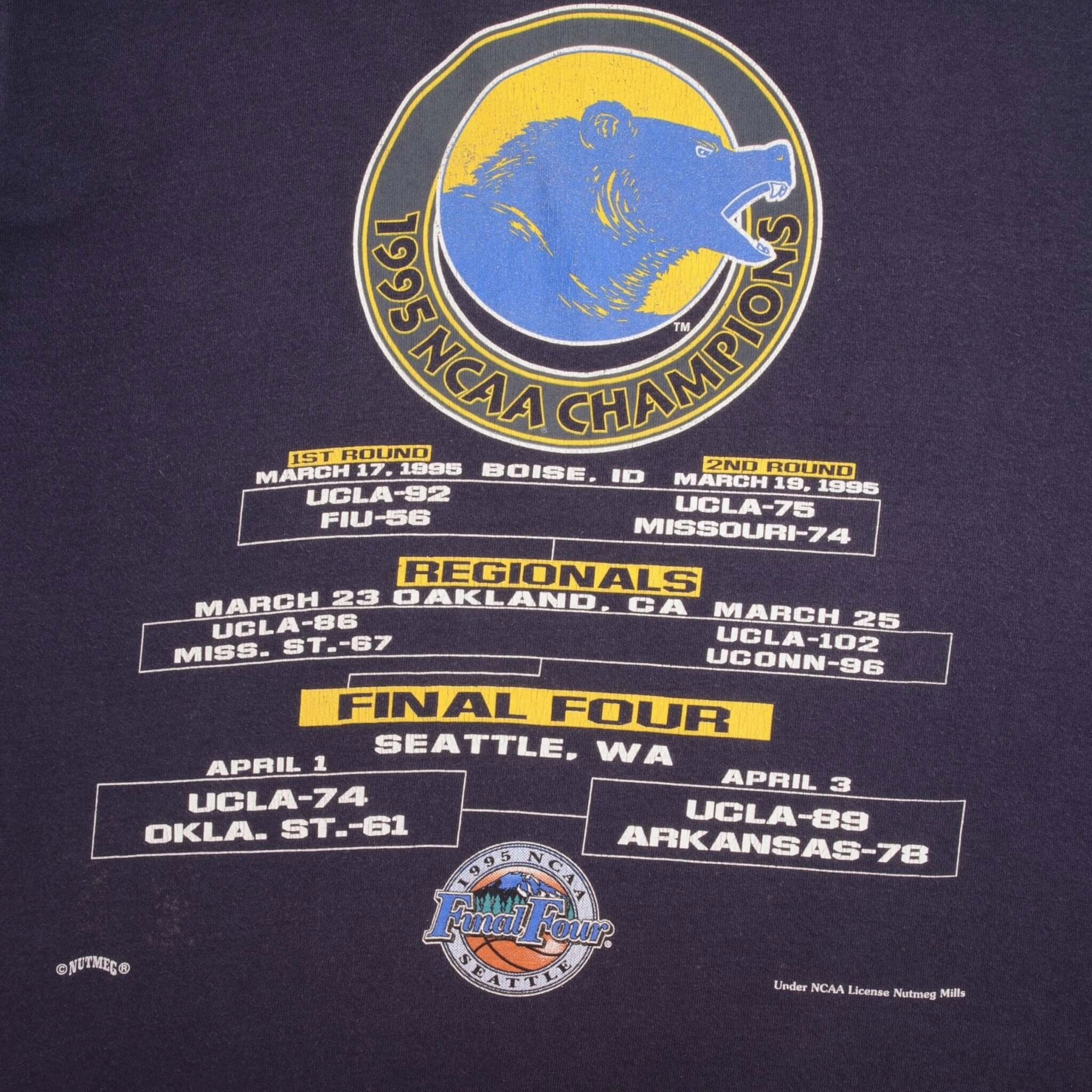 VINTAGE NCAA UCLA BRUINS BASKETBALL CHAMPIONS 1995 TEE SHIRT LARGE MADE IN USA