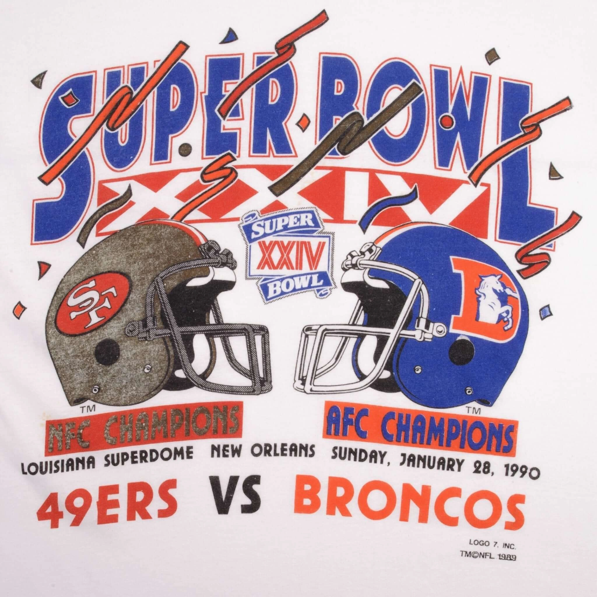 VINTAGE NFL 49ERS VS BRONCOS SUPERBOWL XXIV 1990 TEE SHIRT MEDIUM MADE IN USA