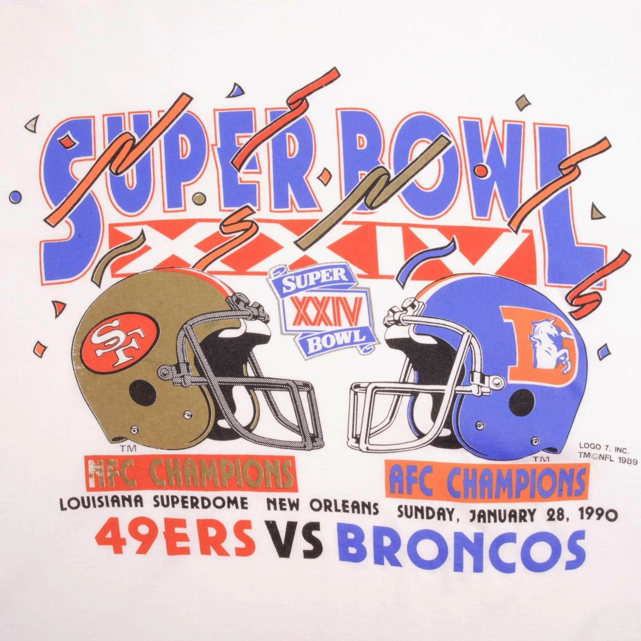 VINTAGE NFL 49ERS VS BRONCOS SUPERBOWL XXIV 1990 TEE SHIRT XL MADE IN USA
