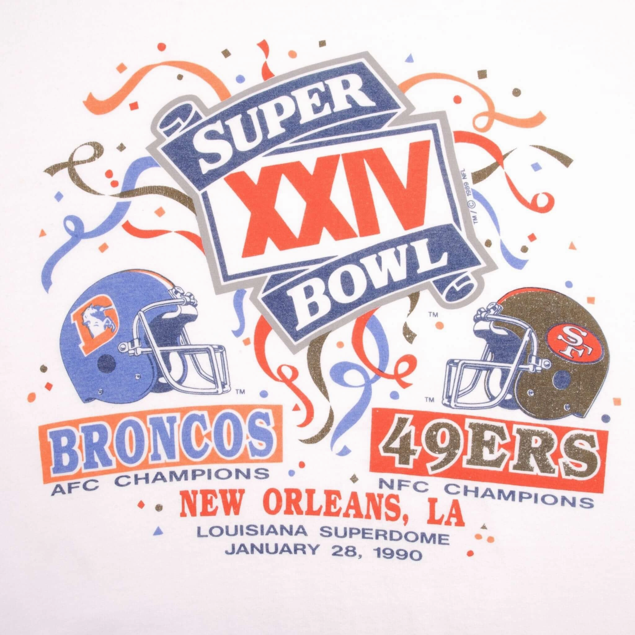 VINTAGE NFL BRONCOS VS 49ERS SUPERBOWL XXIV 1990 TEE SHIRT MEDIUM MADE IN USA