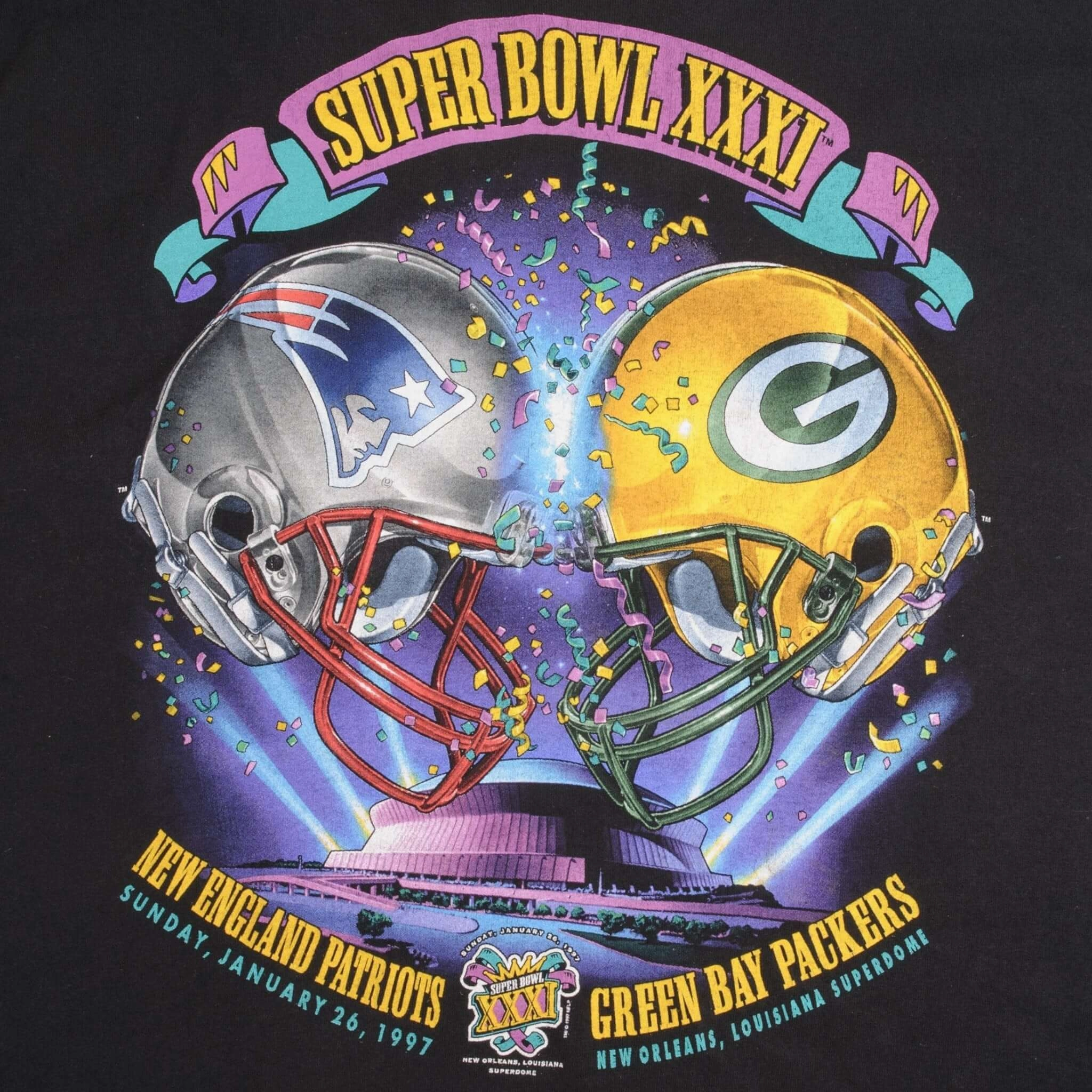 VINTAGE NFL PATRIOTS VS PACKERS SUPER BOWL XXXI 1997 TEE SHIRT XL MADE IN USA