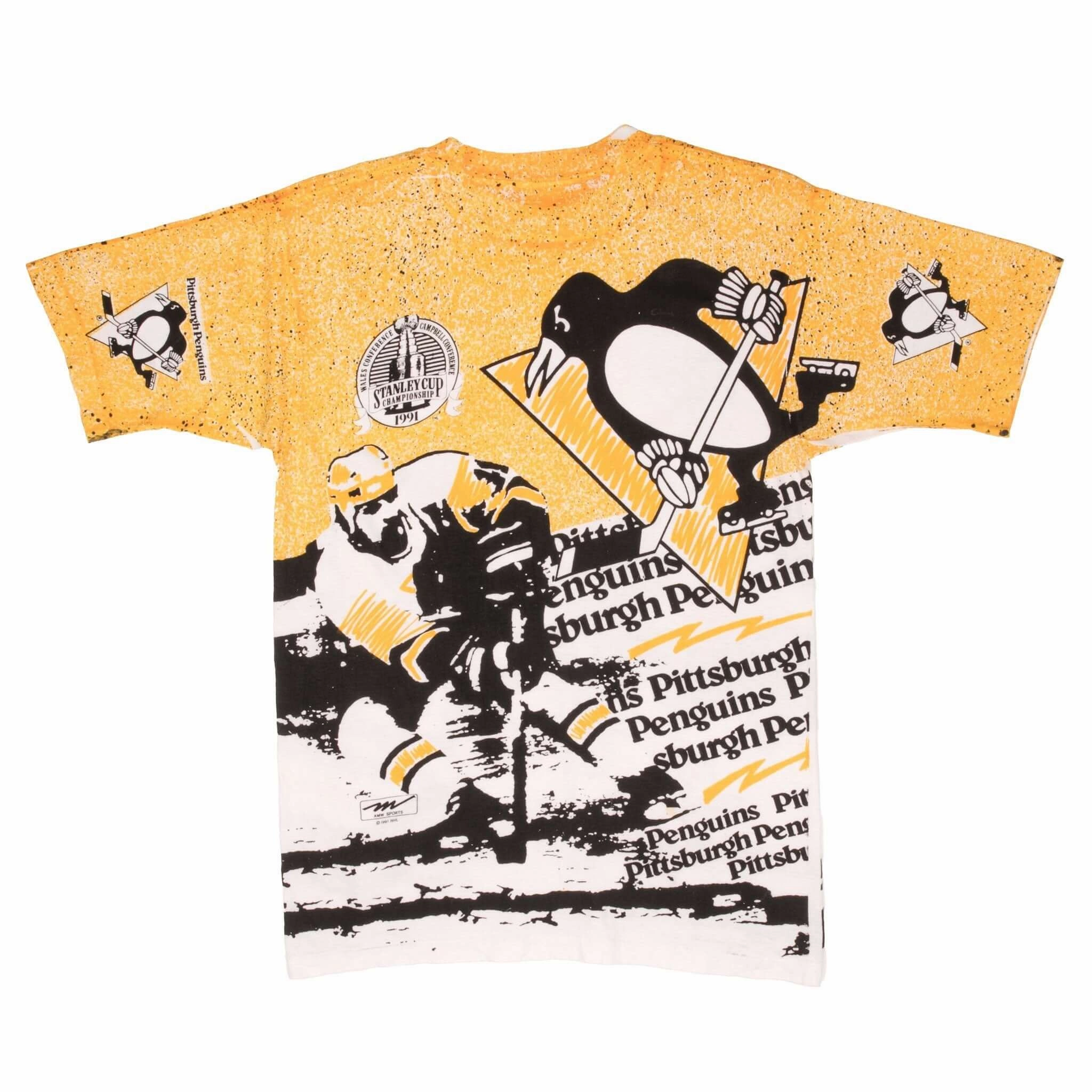 VINTAGE NHL PITTSBURGH PENGUINS STANLEY CUP 1991 ALL OVER PRINT TEE SHIRT MEDIUM