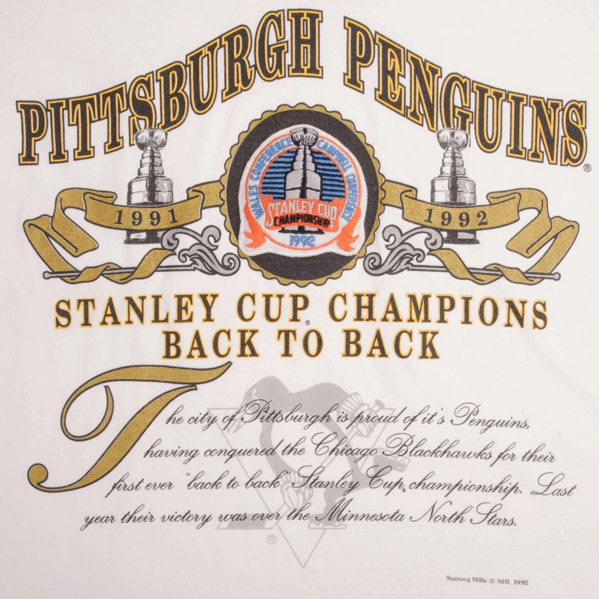 VINTAGE NHL PITTSBURGH PENGUINS STANLEY CUP CHAMPS TEE SHIRT 1992 LARGE MADE USA
